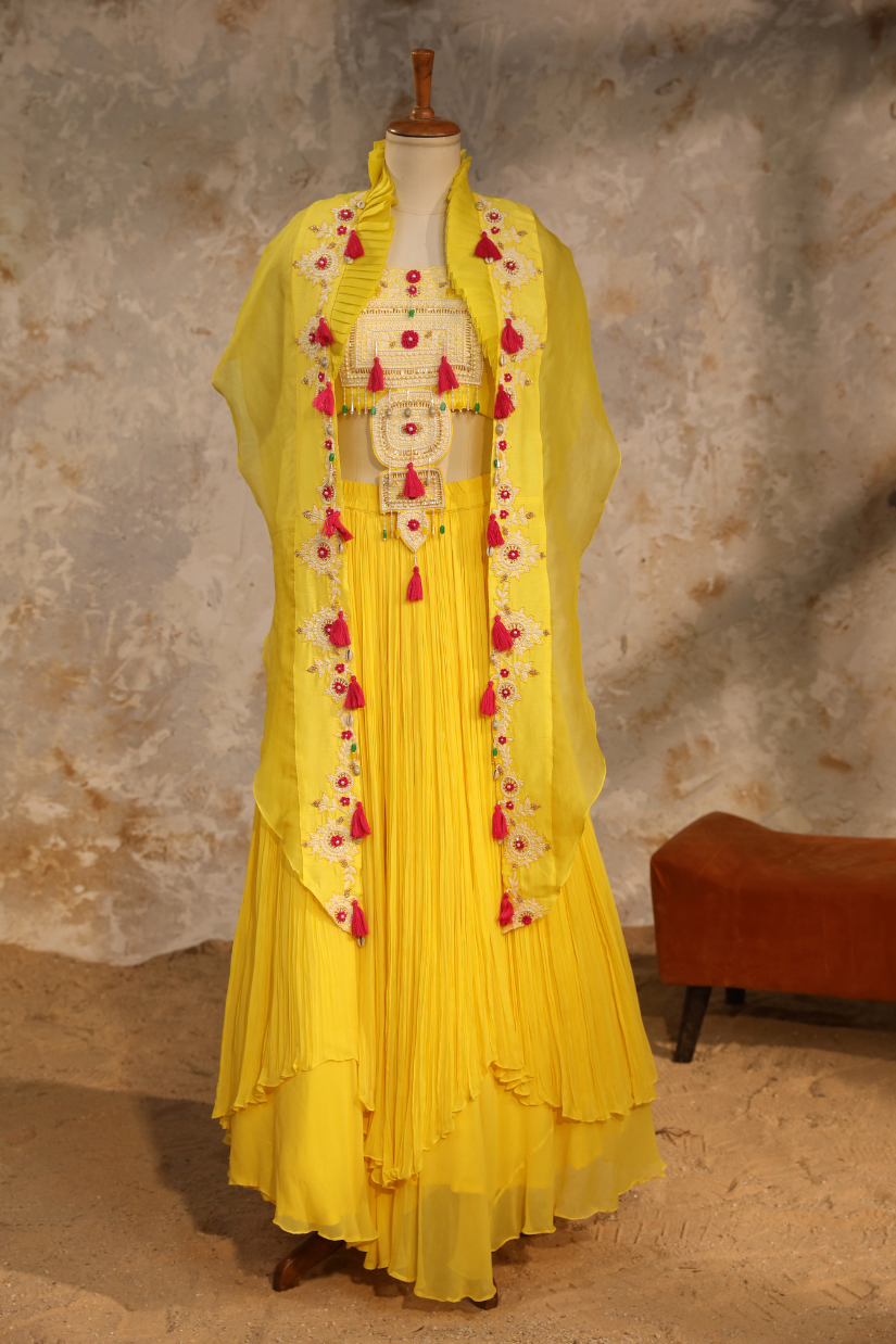 Yellow Pearl Cape Lehenga Set