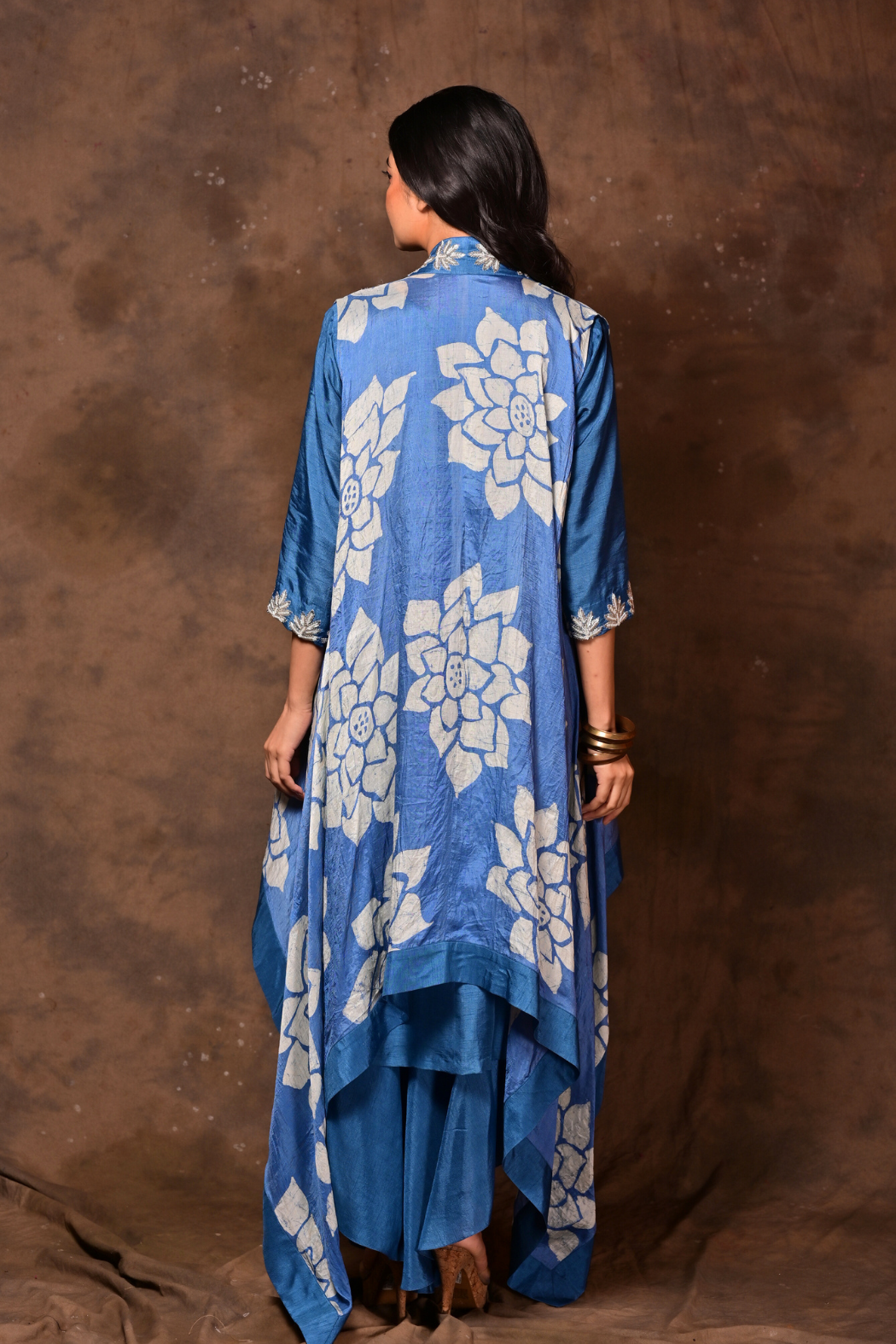 Blue Batik Print Sleeveless Jacket & Sharara Set