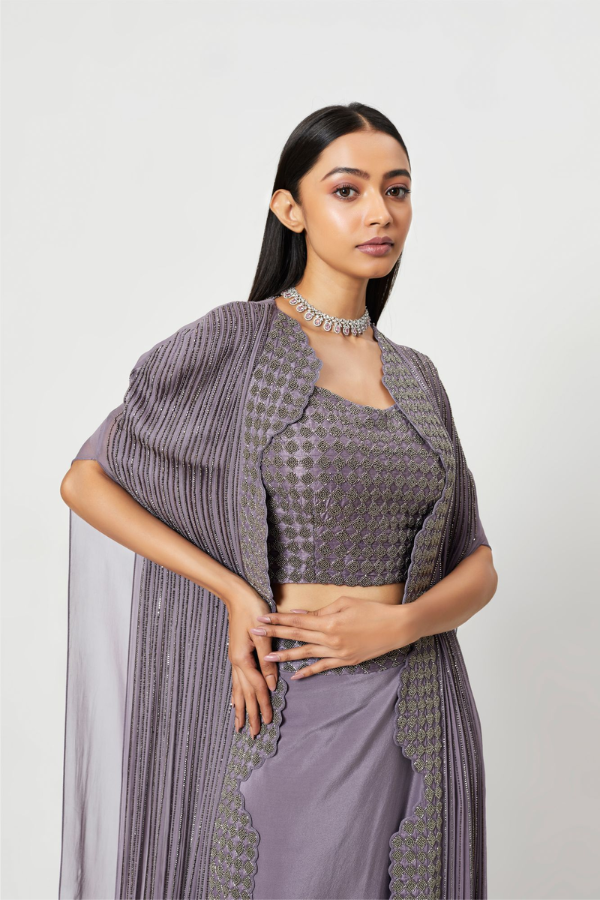 Lilac Pleated Skirt With Embroidered Cape And Blouse