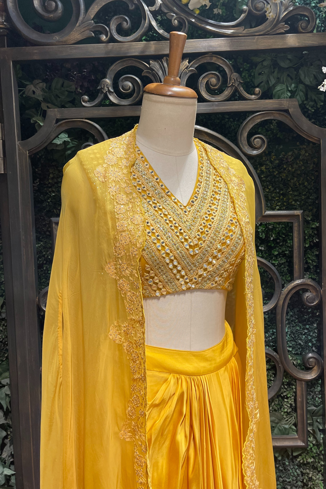 Yellow Embroidered Blouse Drape Skirt Set With Cape