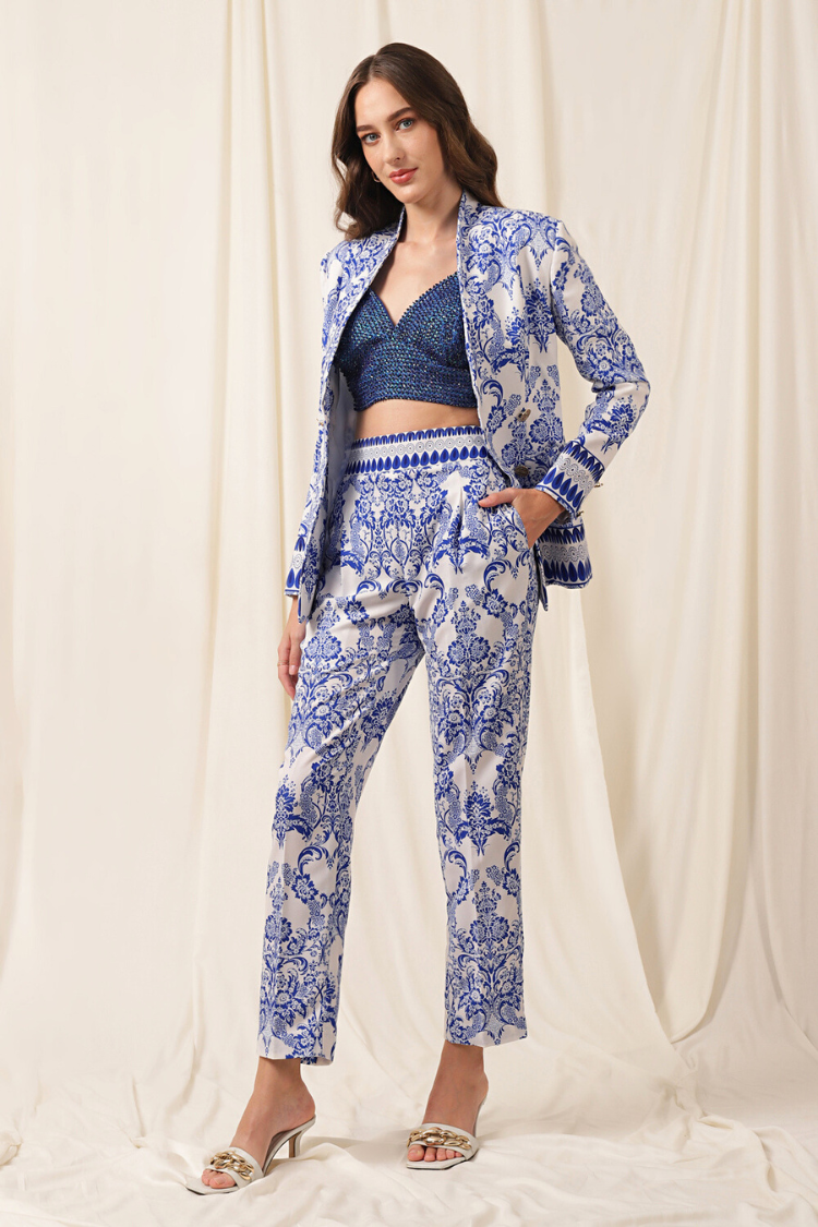 PRINTED BLUE AND WHITE BLAZER - SUIT CO-ORD SET