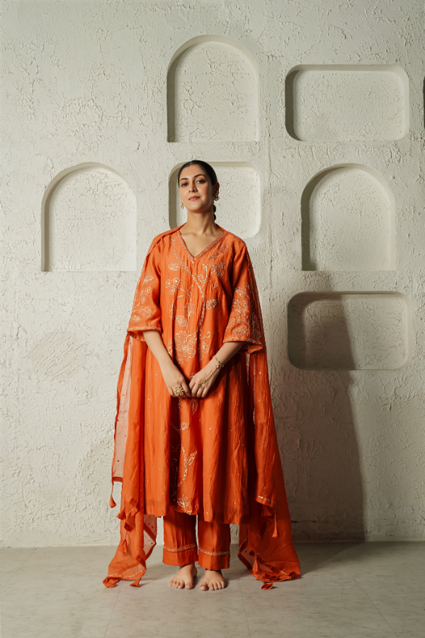 Orange Dabka Embriodery Floral Mulchanderi Kurta Set