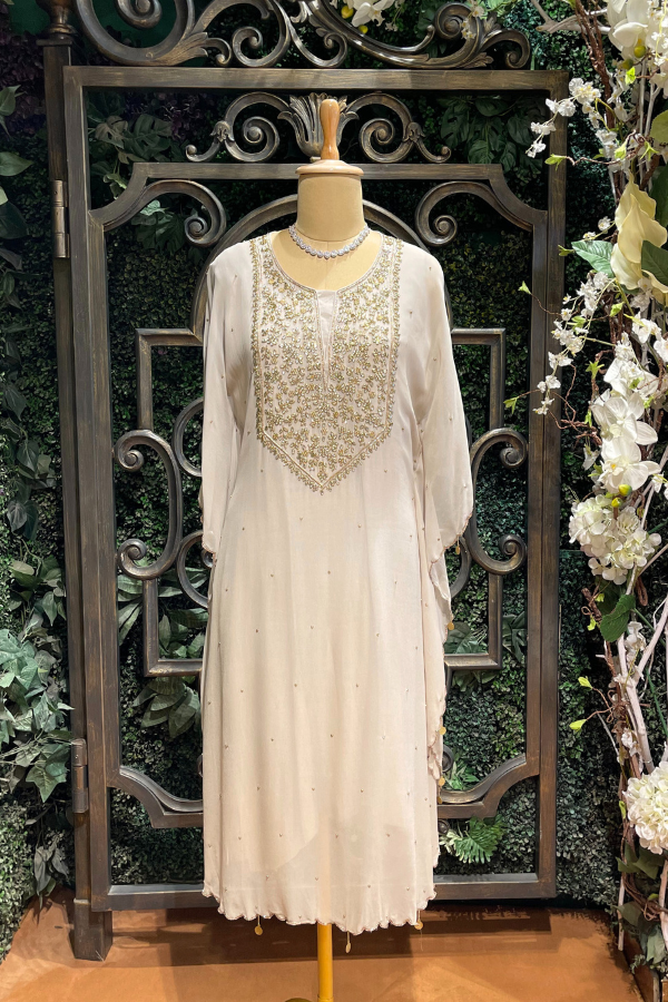 White Divine Sequin Embroidery Kaftan Dress