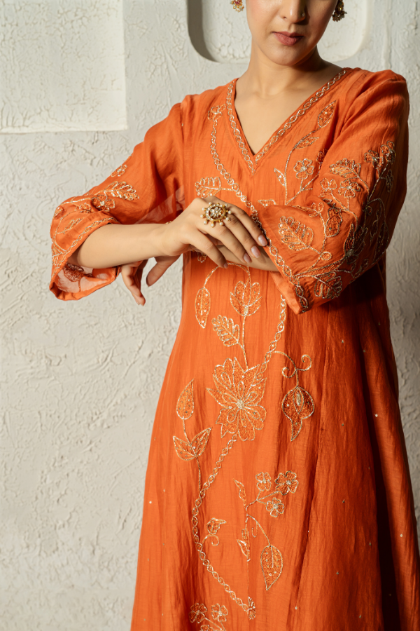 Orange Dabka Embriodery Floral Mulchanderi Kurta Set