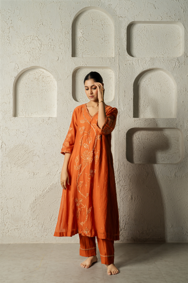 Orange Dabka Embriodery Floral Mulchanderi Kurta Set