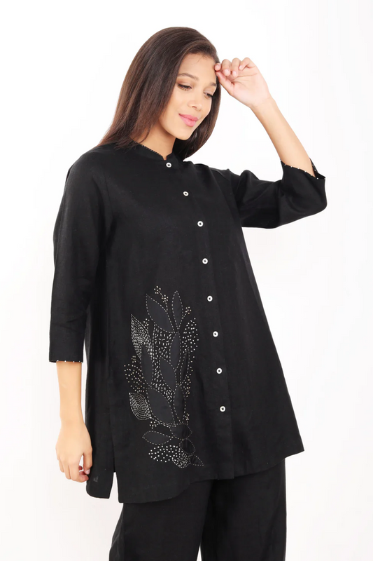 Black Zari Leaf Embroidered Shirt