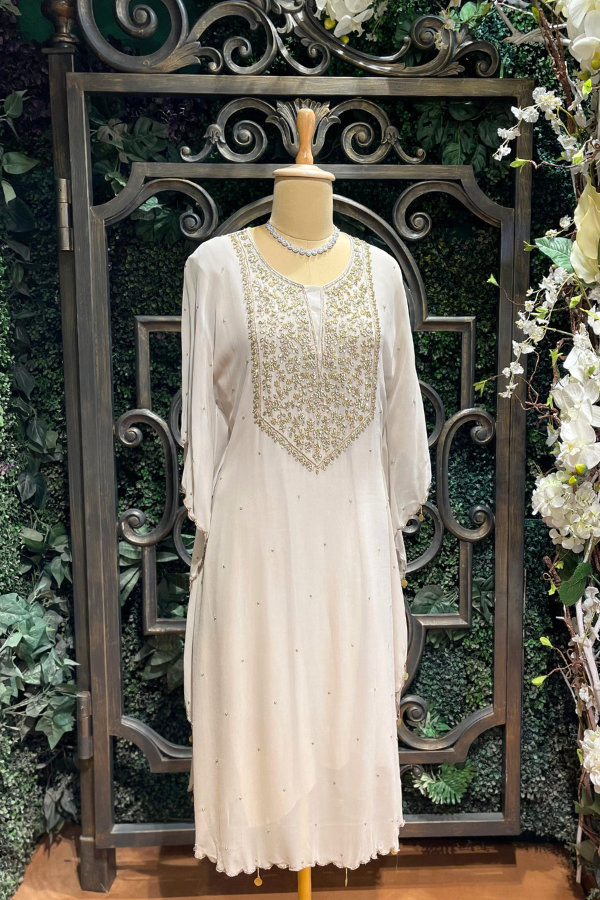 White Divine Sequin Embroidery Kaftan Dress