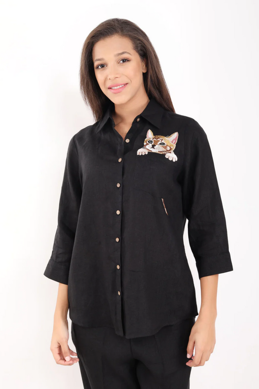 Black Cat Embroidered Shirt