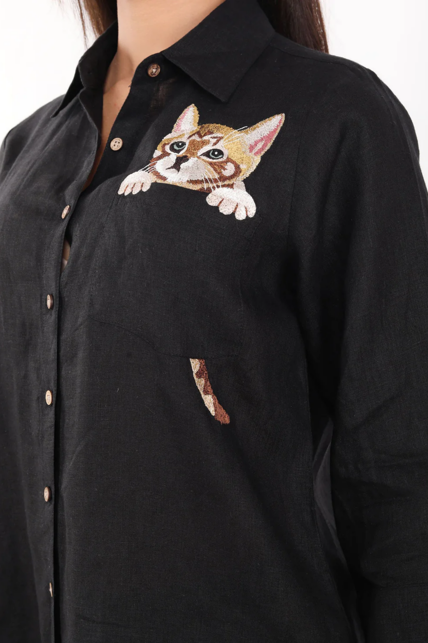 Black Cat Embroidered Shirt