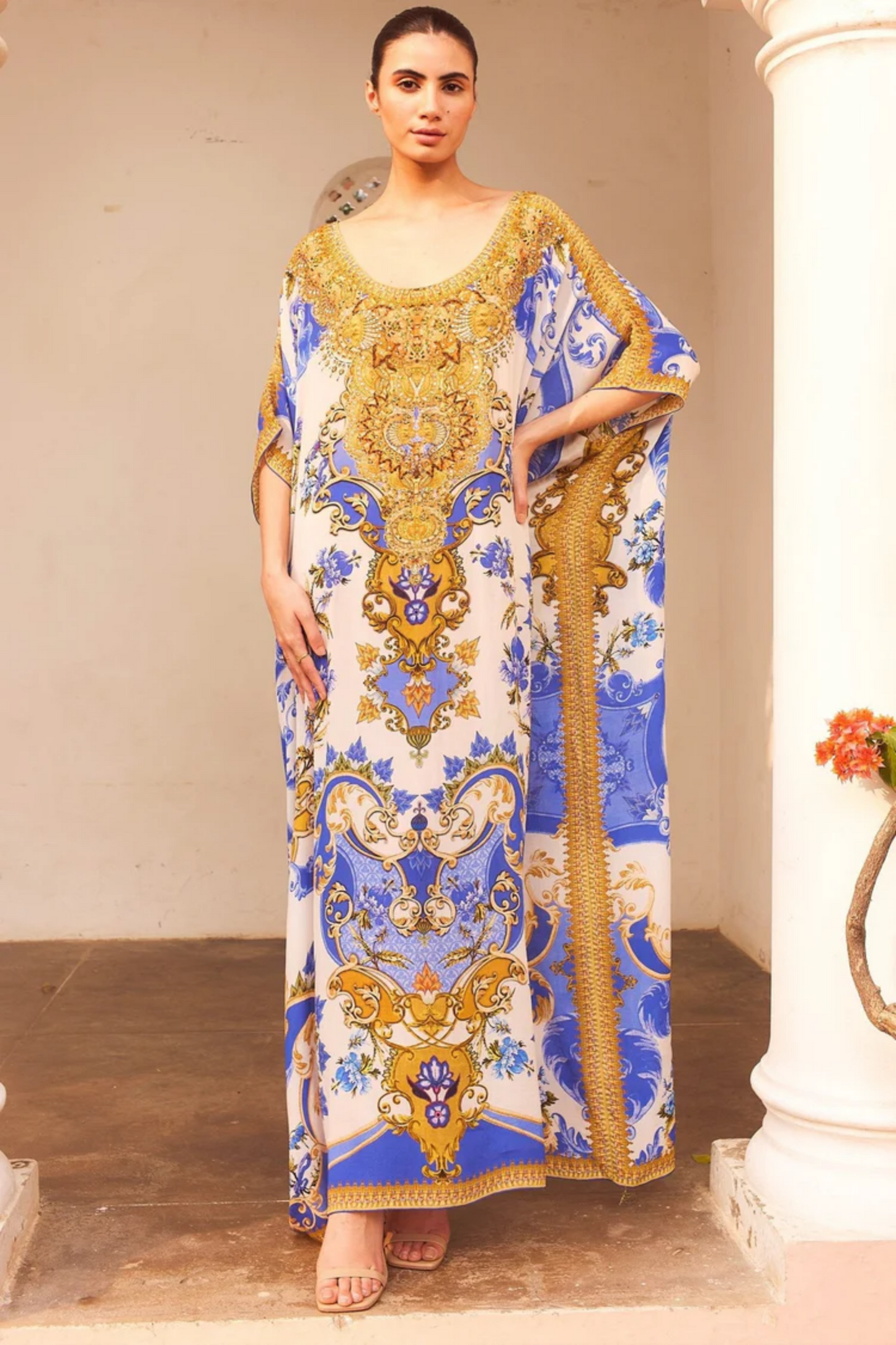 SANTORINI SUN KISS ROUND NECK LONG KAFTAN