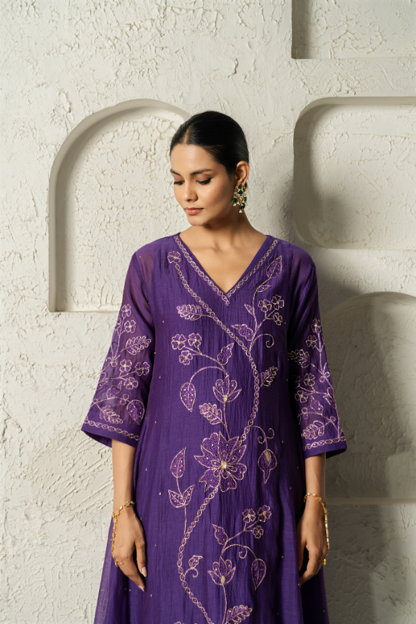 Purple Dabka Embriodery Floral Mulchanderi Kurta Set