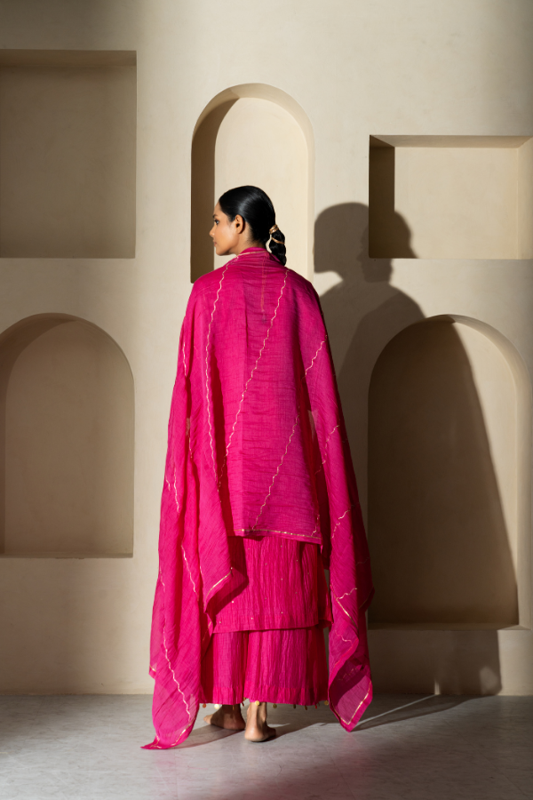 Fuscia Pink Dabka Embriodery Mulchanderi Kurta Set