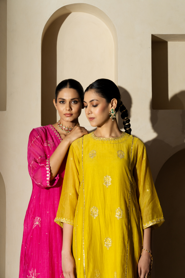 Lemon Yellow Dabka Embroidery Mulchanderi Kurta Set