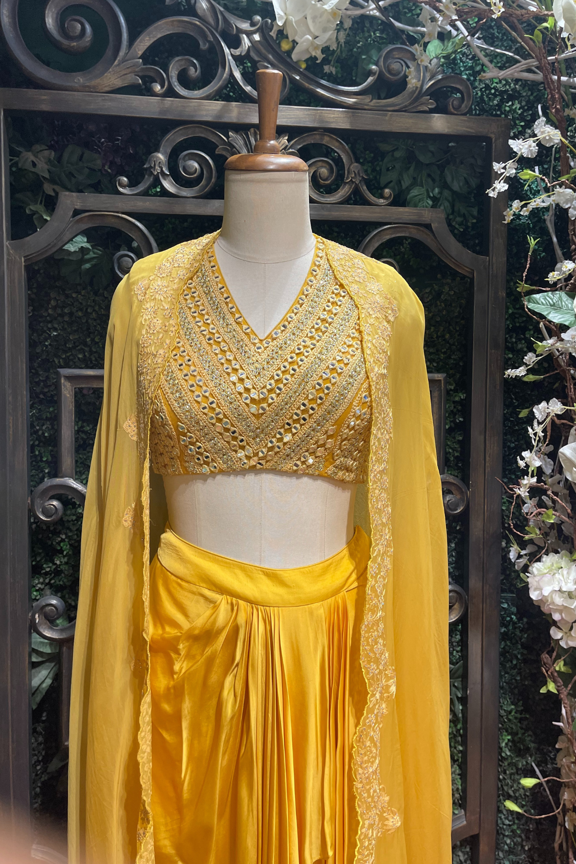 Yellow Embroidered Blouse Drape Skirt Set With Cape