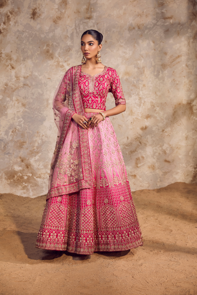 Pink Ombre Dabka Bridal Lehenga Set