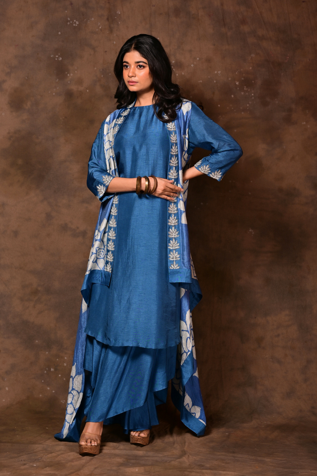 Blue Batik Print Sleeveless Jacket & Sharara Set