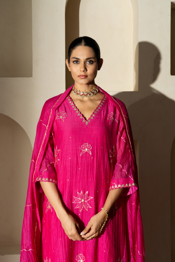 Fuscia Pink Dabka Embriodery Mulchanderi Kurta Set