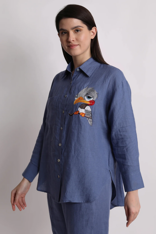 Blue Titu Bird Embroidered Shirt