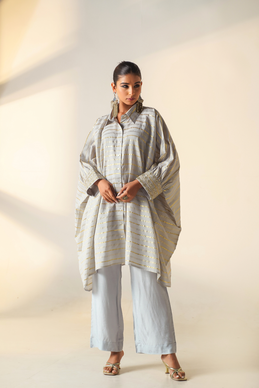 Classic Grey & Gold Kaftan Shirt Set