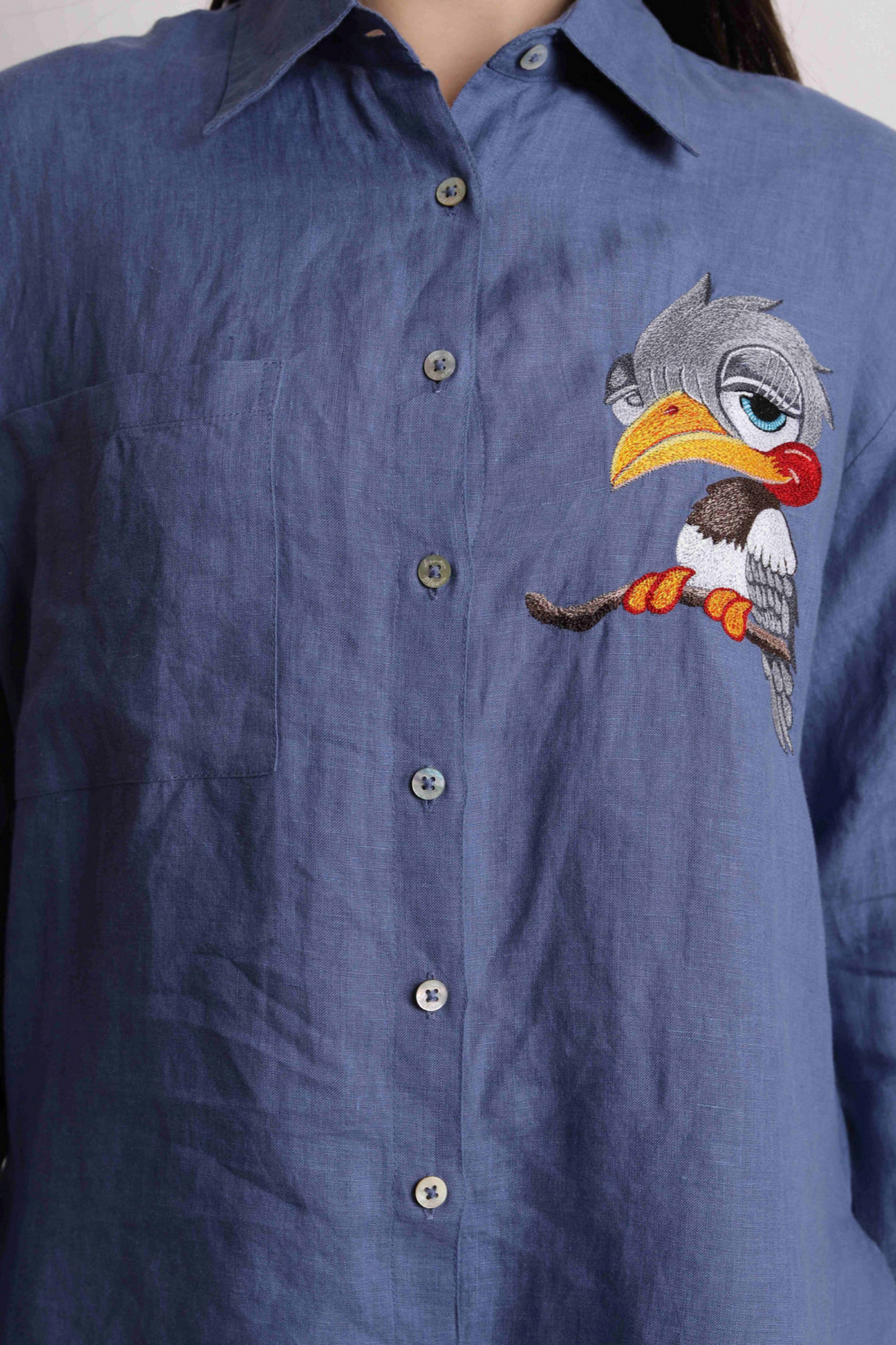 Blue Titu Bird Embroidered Shirt