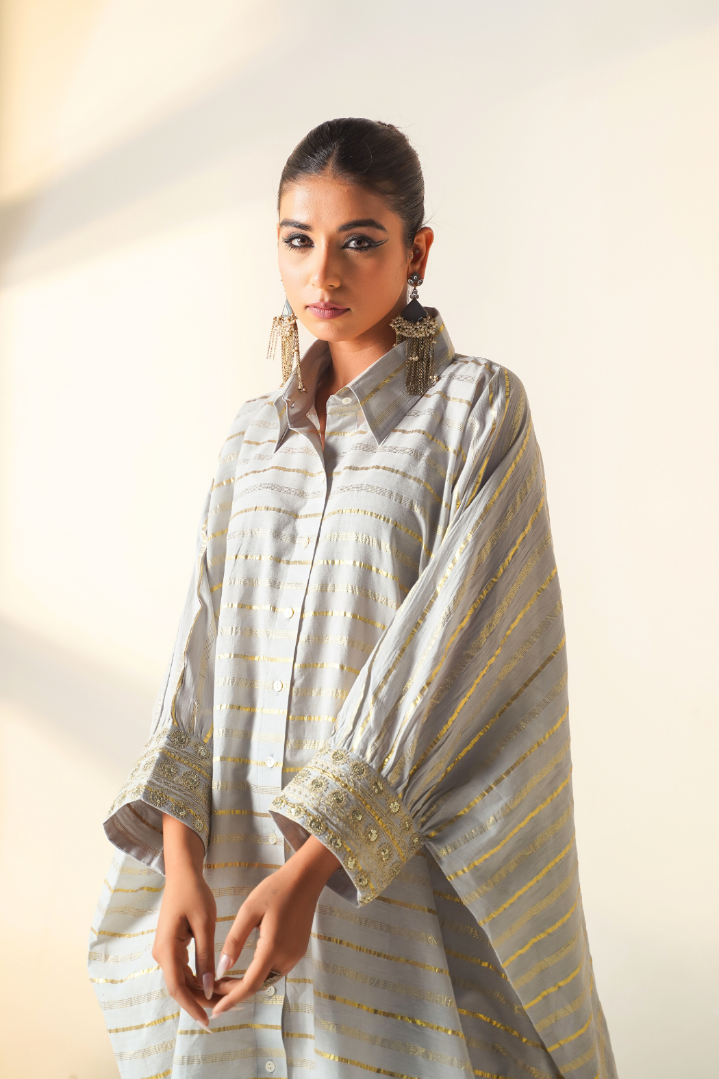 Classic Grey & Gold Kaftan Shirt Set