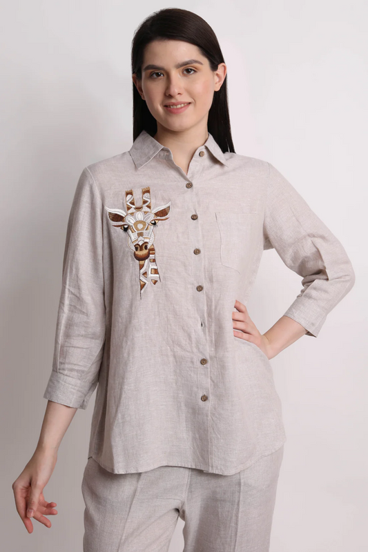 Beige Giraffe Embroidery Shirt