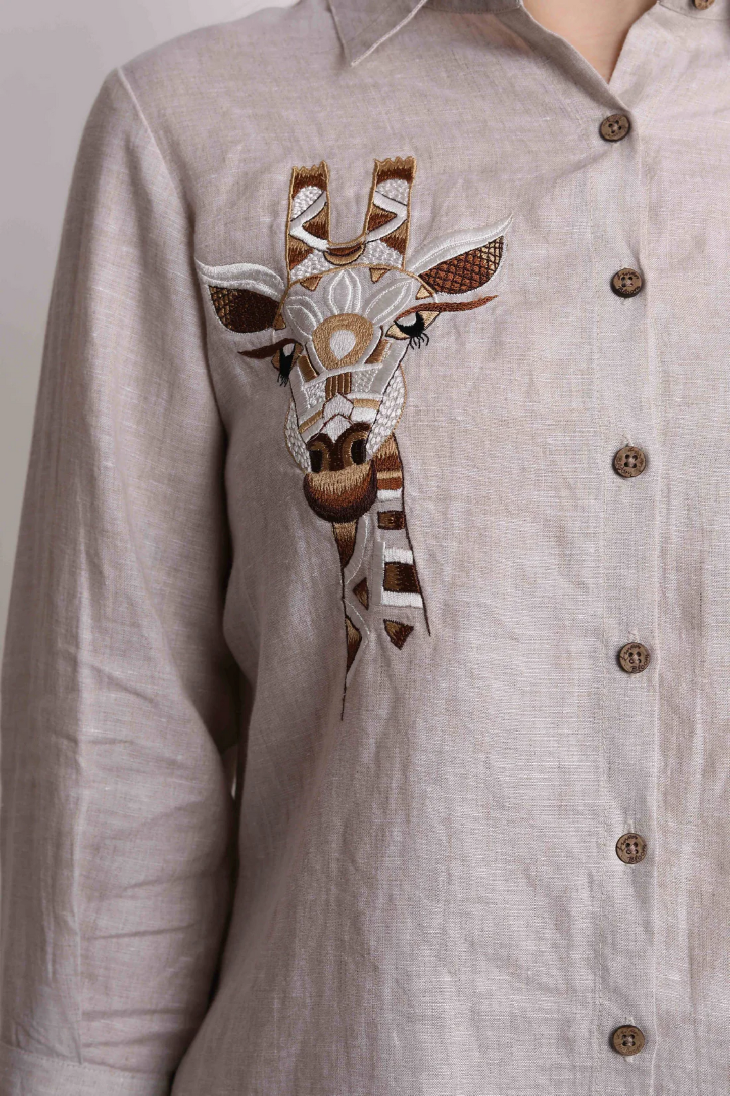 Beige Giraffe Embroidery Shirt