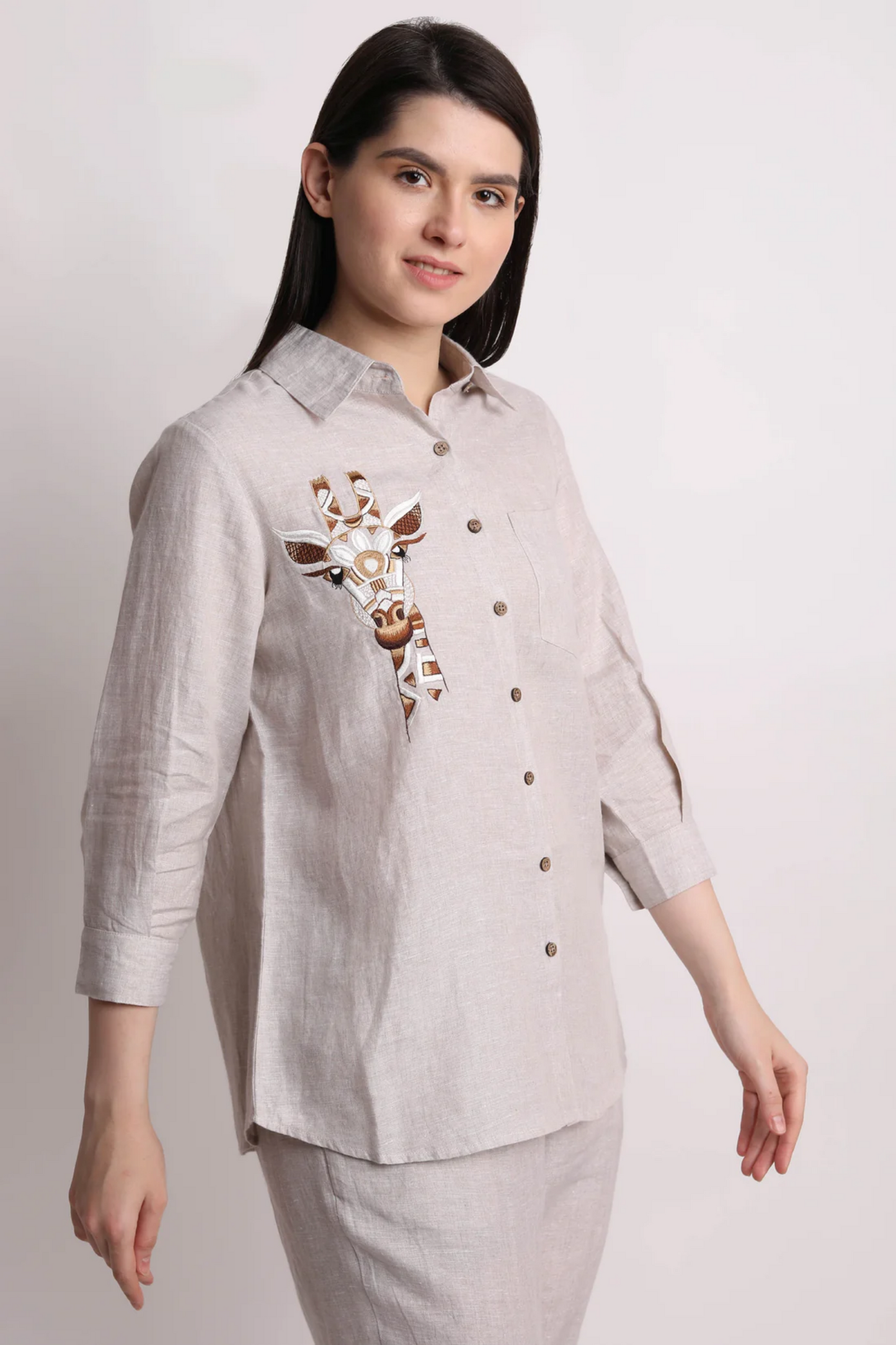 Beige Giraffe Embroidery Shirt