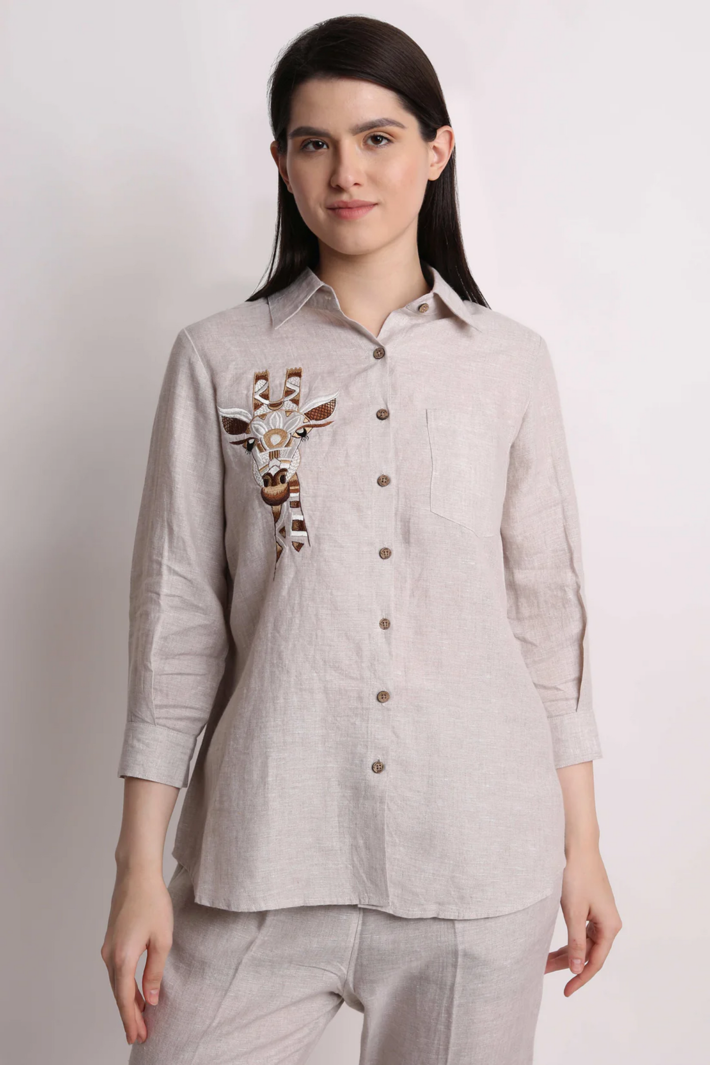 Beige Giraffe Embroidery Shirt