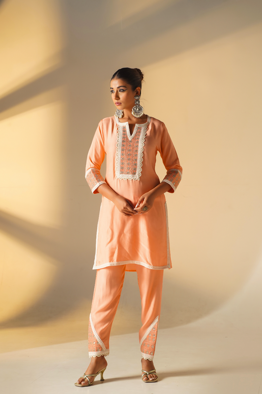 Peach Embroidery Kurta Set