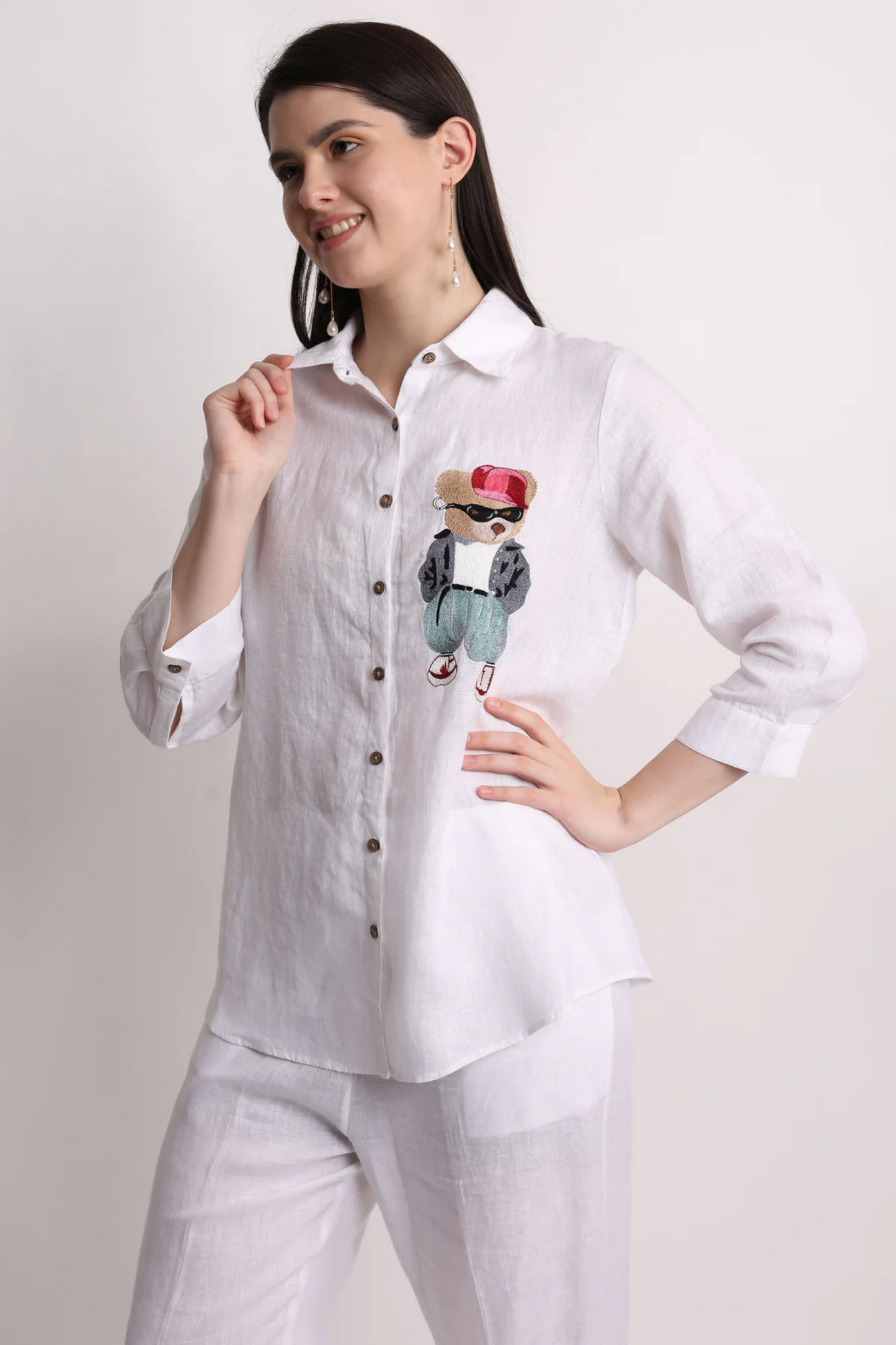 White Teddy Embroidery Shirt