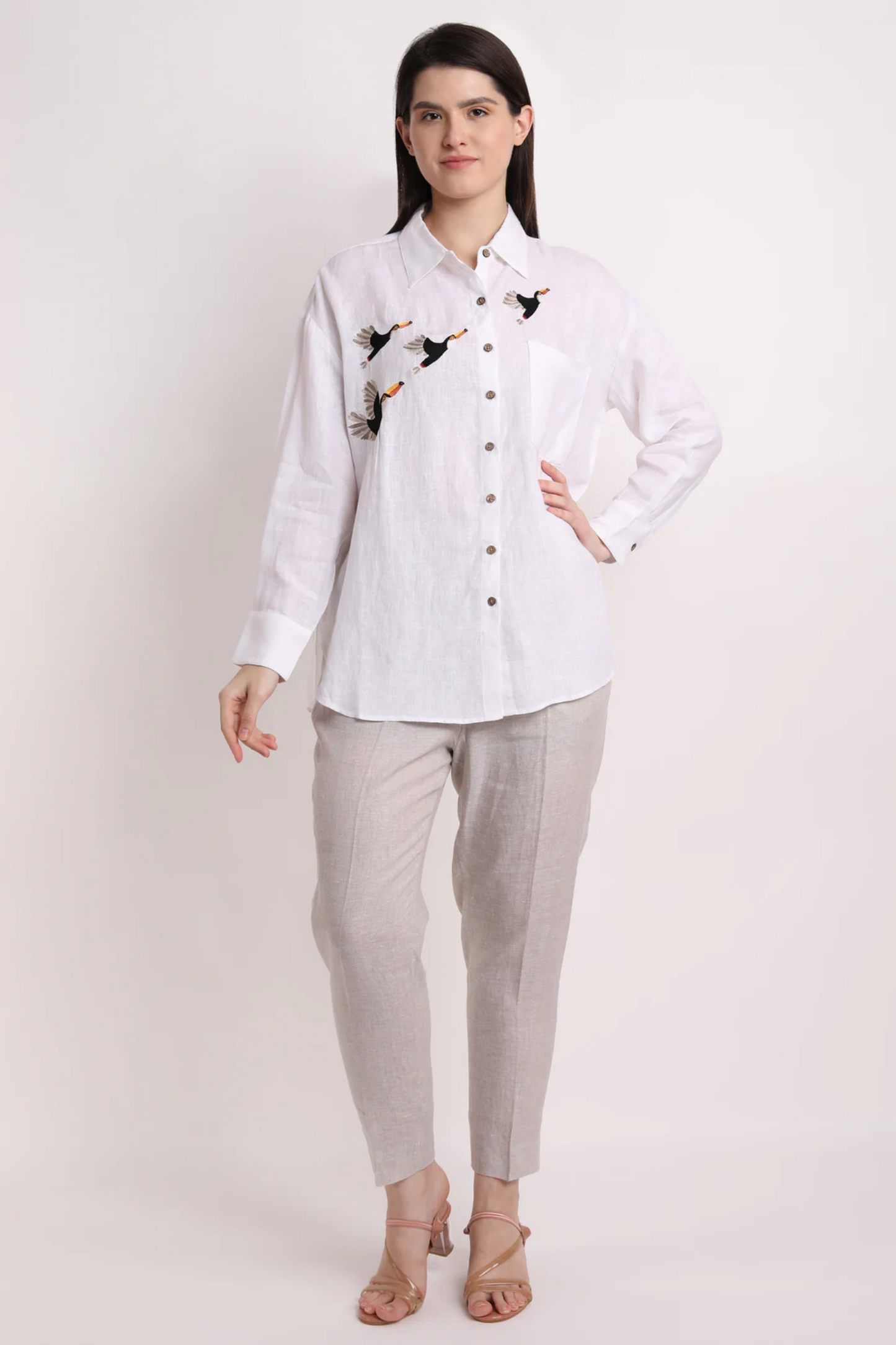 White Flying Toucan Embroidery Shirt