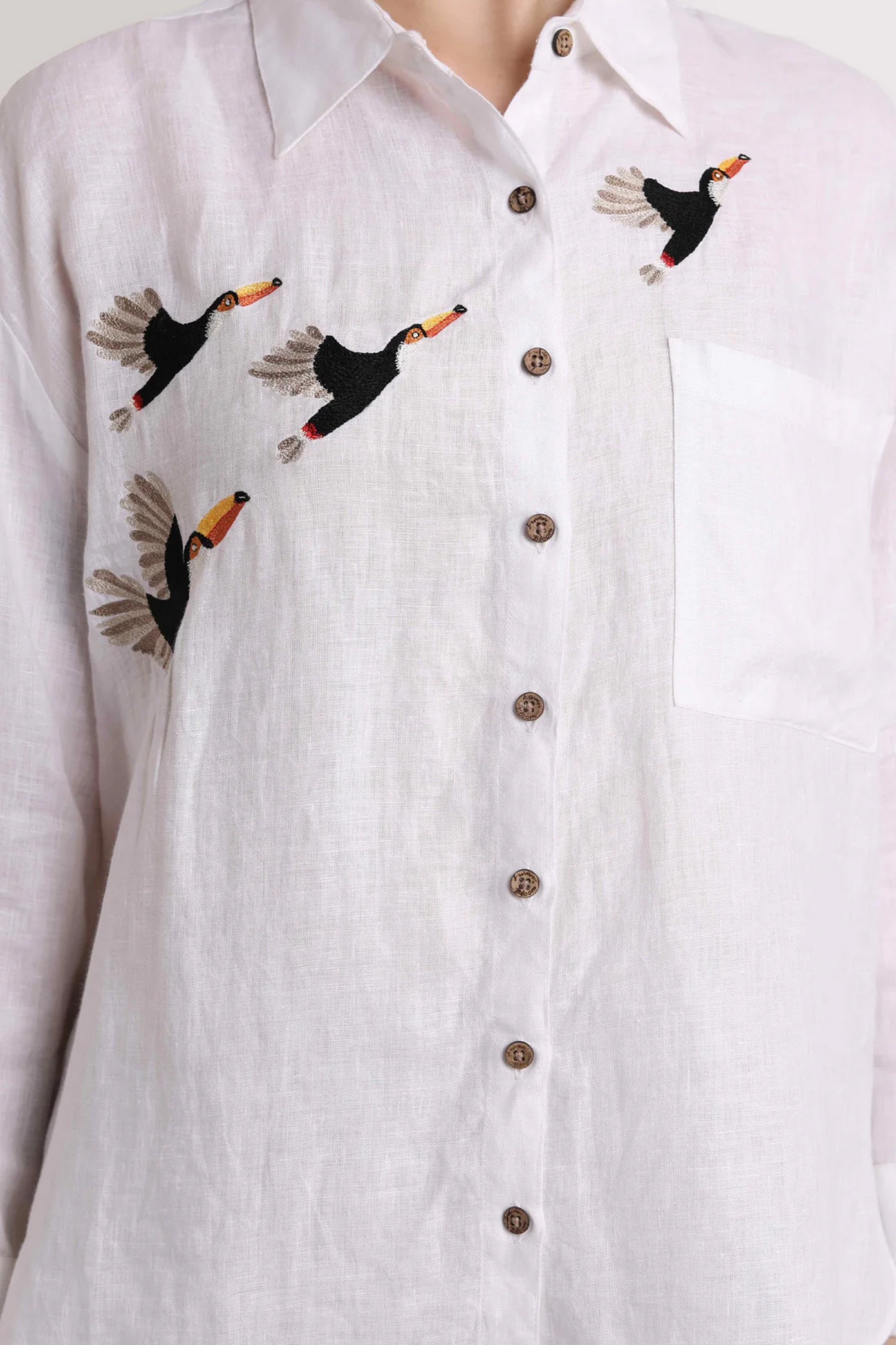 White Flying Toucan Embroidery Shirt