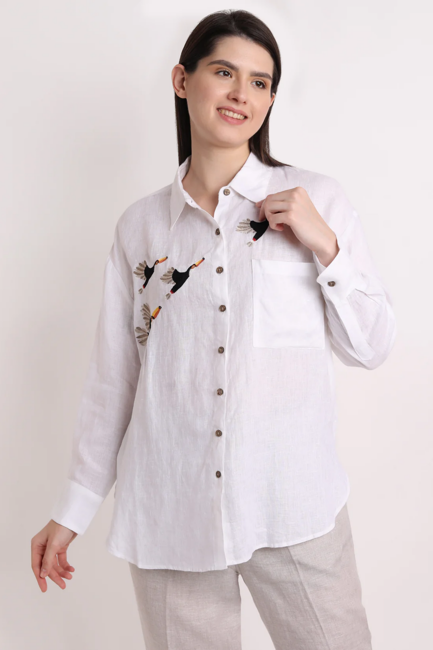 White Flying Toucan Embroidery Shirt