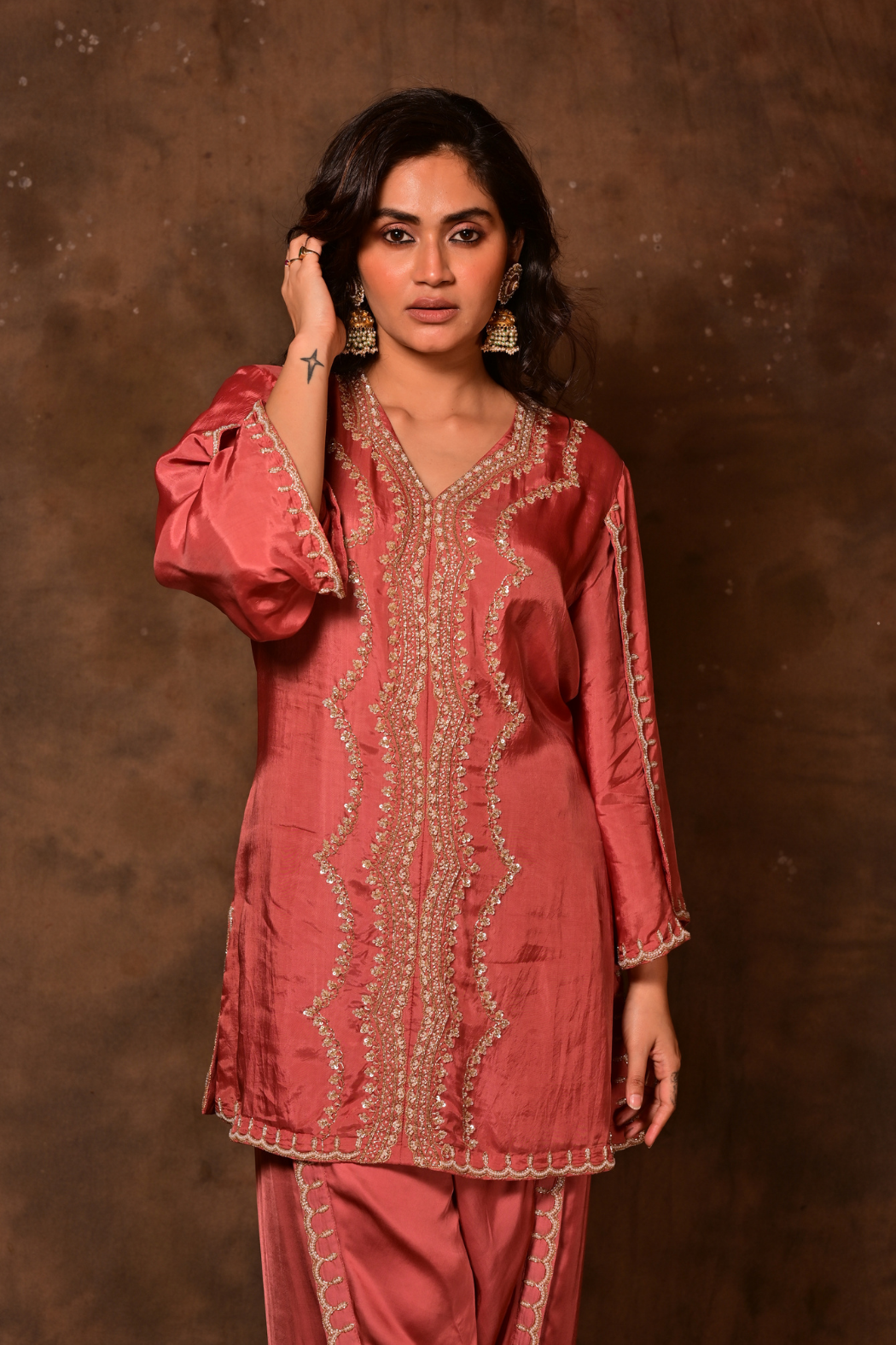 Inara Coral Kaftan With Dhoti Set