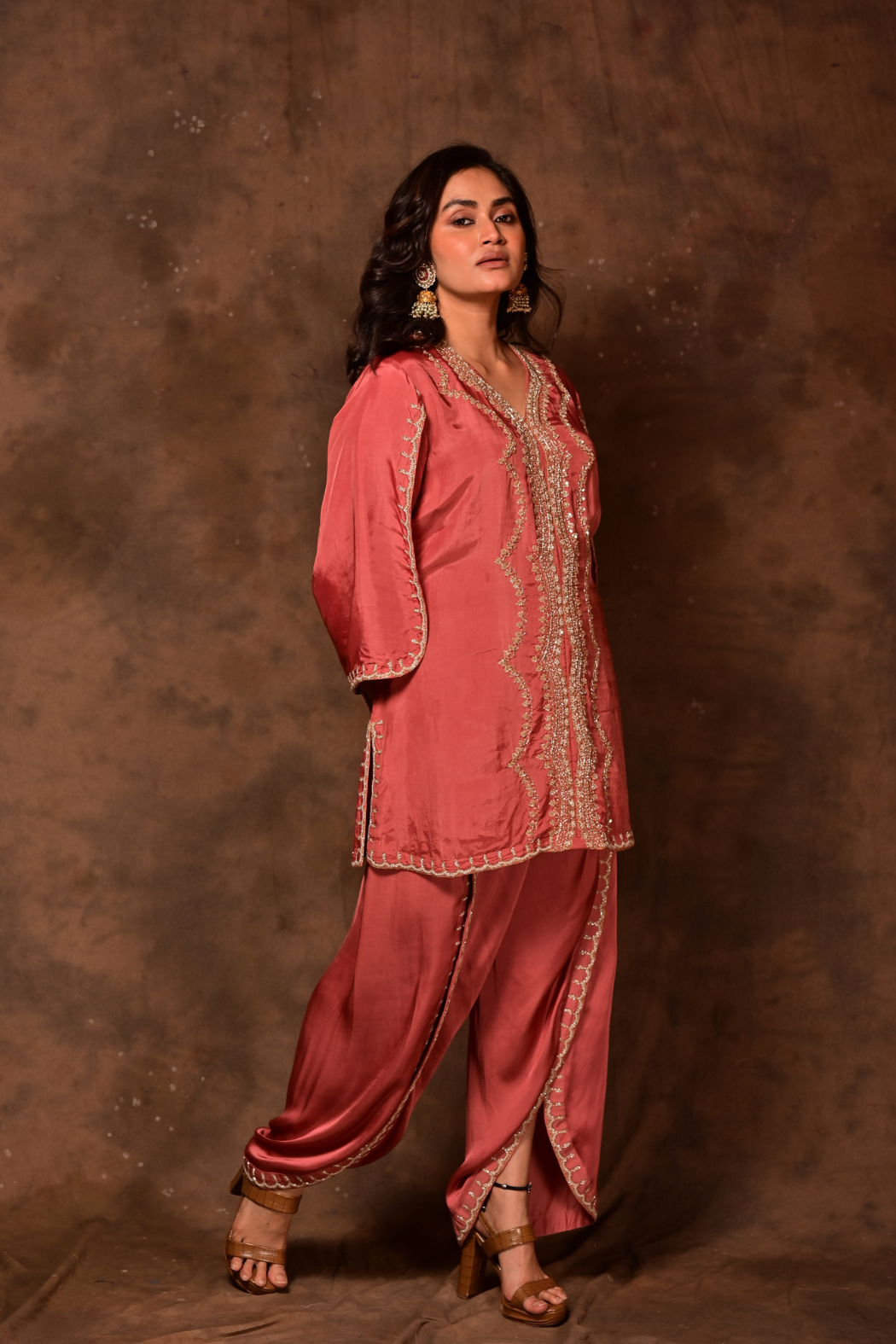 Inara Coral Kaftan With Dhoti Set