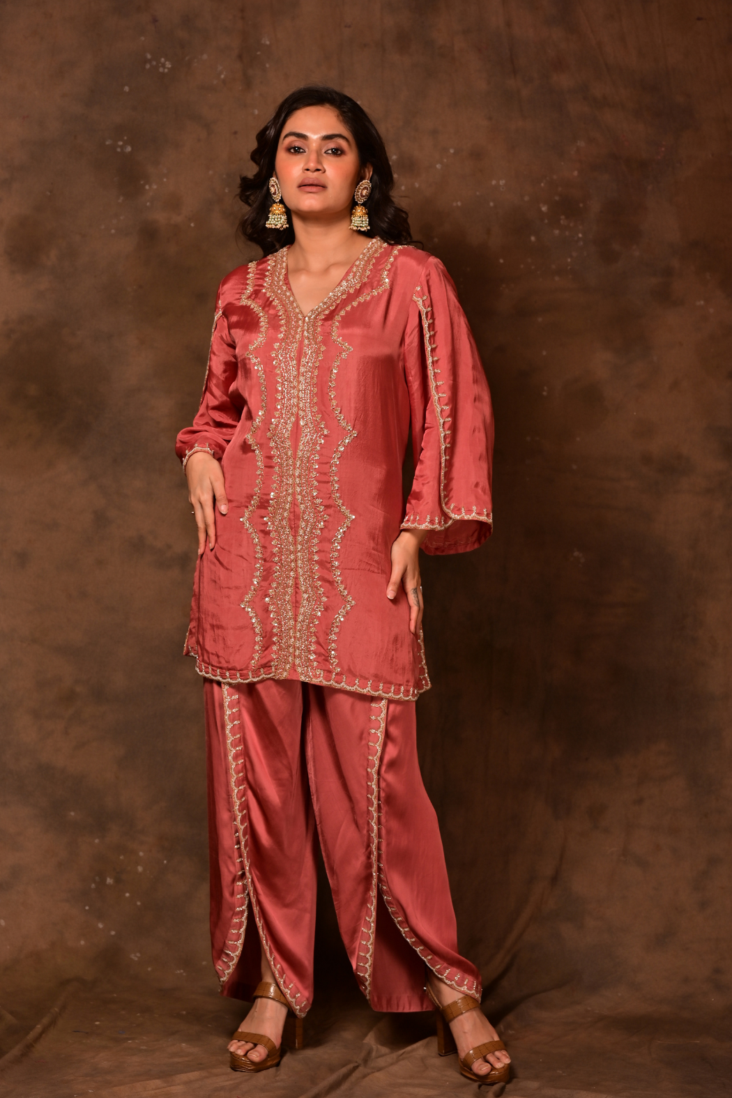 Inara Coral Kaftan With Dhoti Set