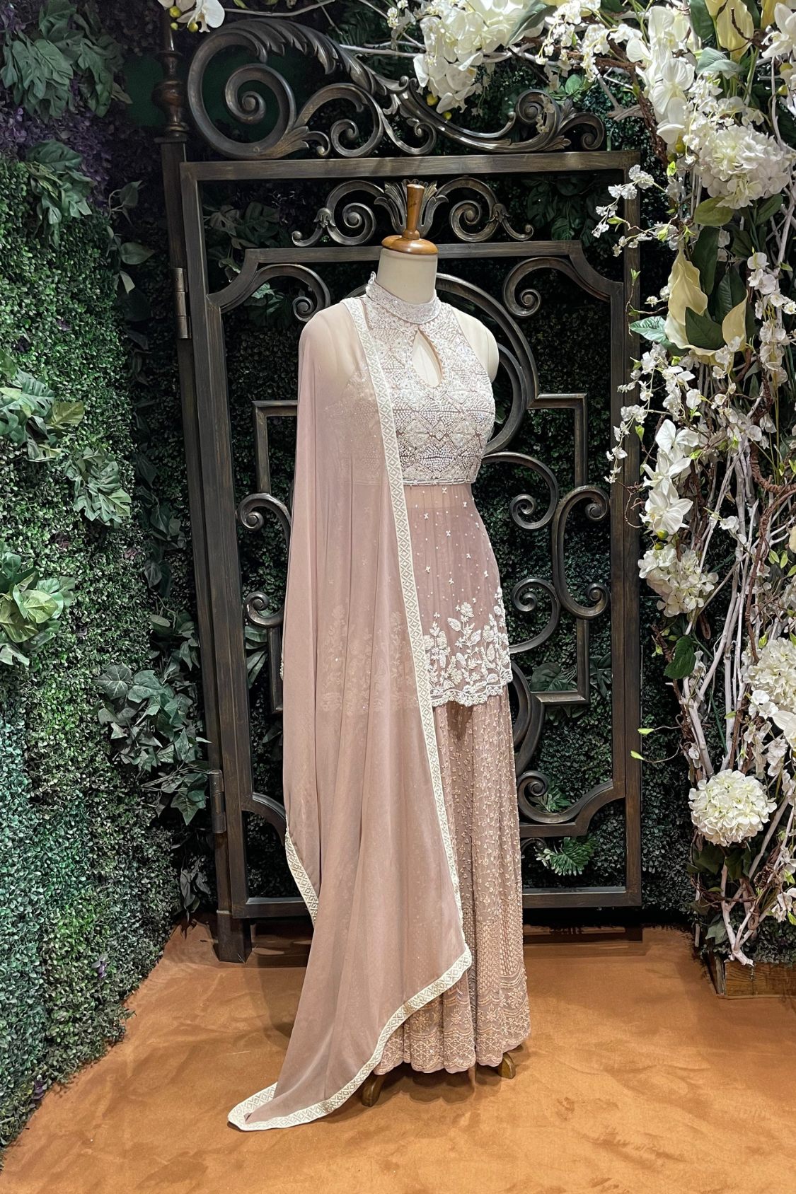 Pastel Peach Neck Embriodered Sharara Set