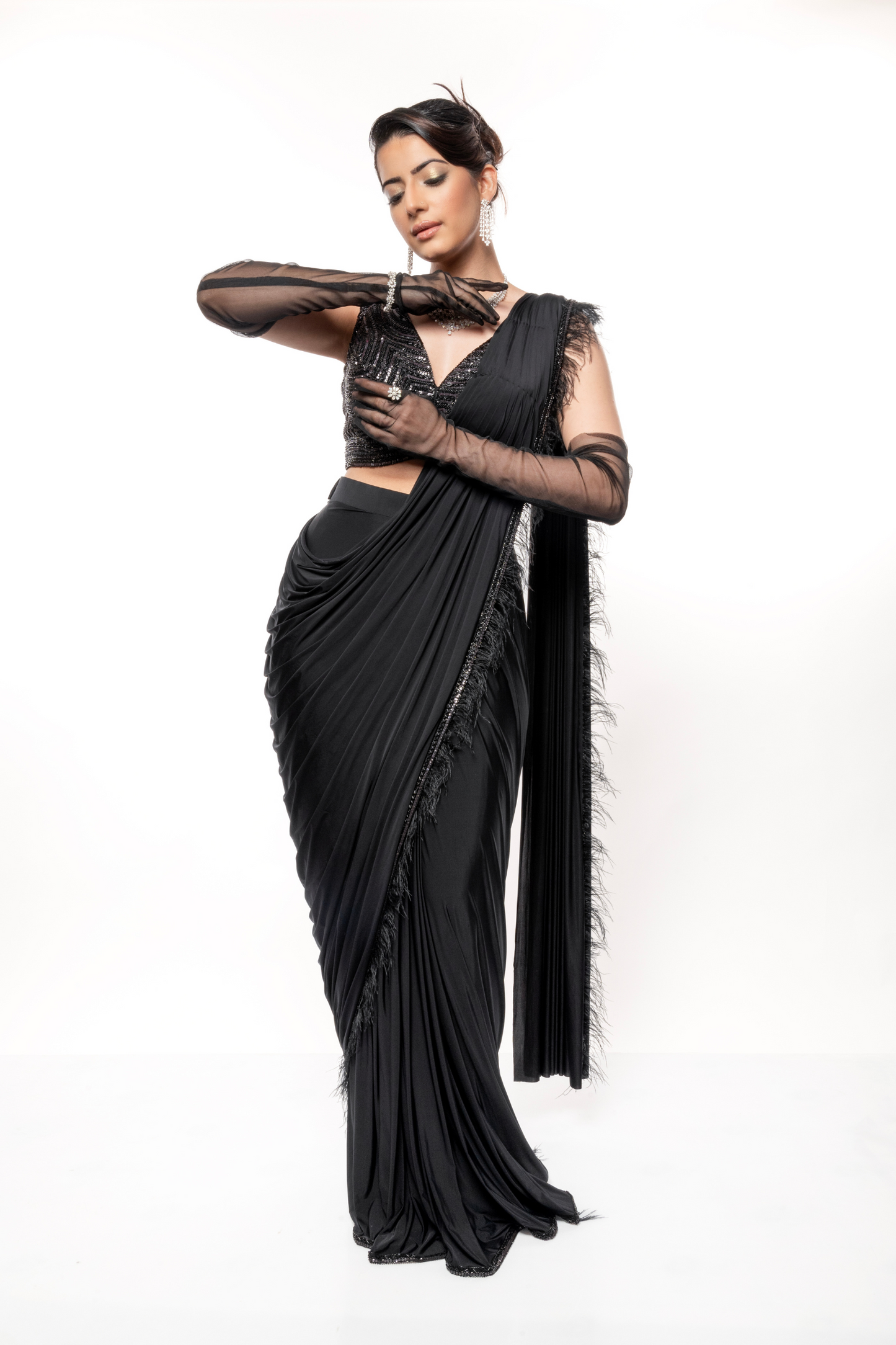 Black on Black Feather Draped Saree