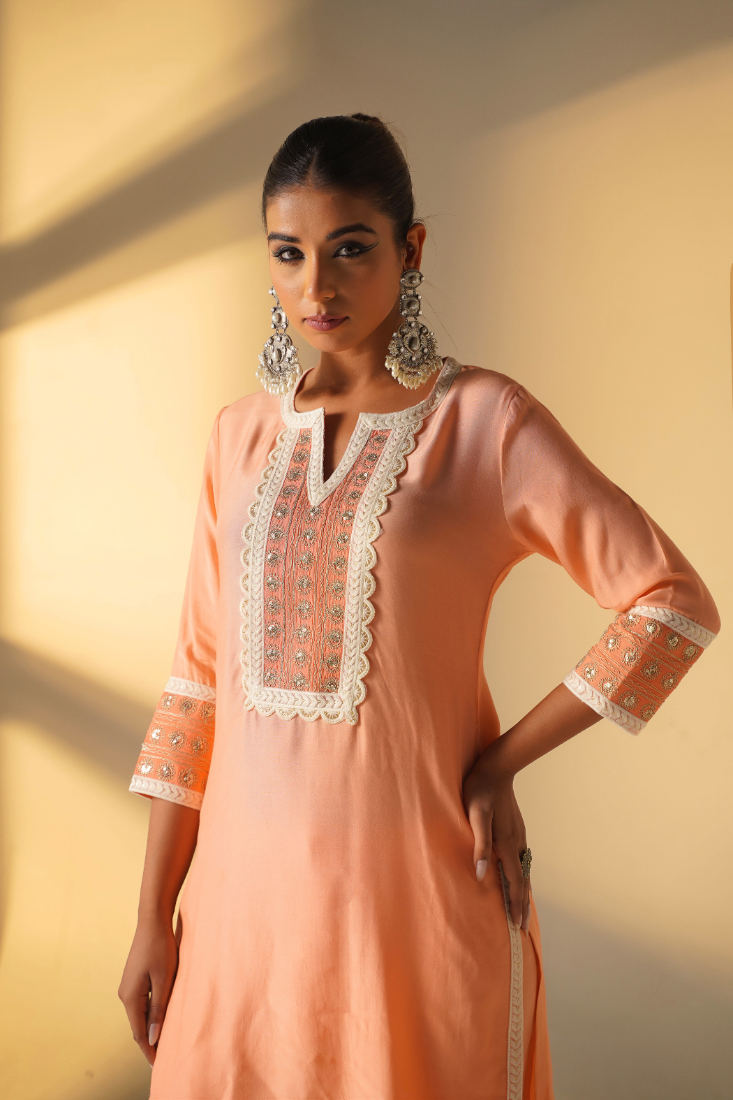 Peach Embroidery Kurta Set