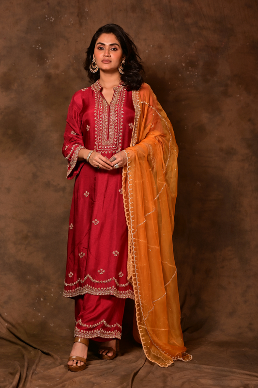 Inara Cherry Red Kurta & Palazzo Set