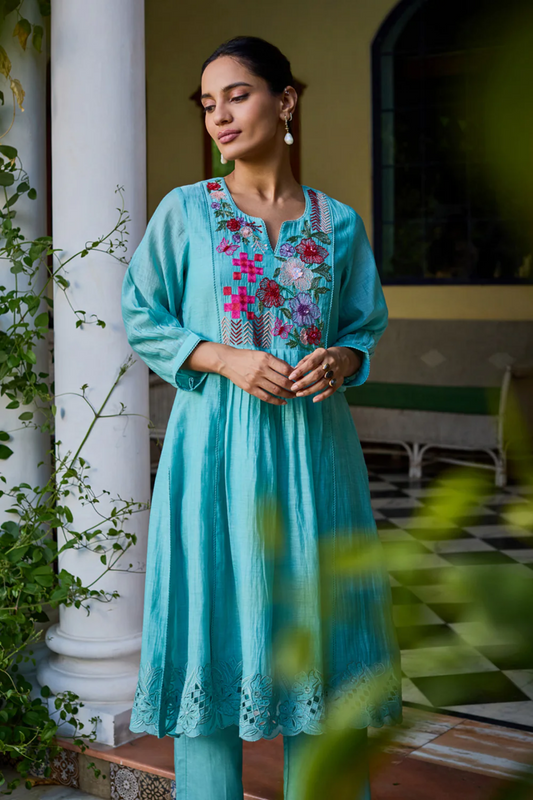 Seher A-Line Turquoise Kurta Set (With Dupatta)