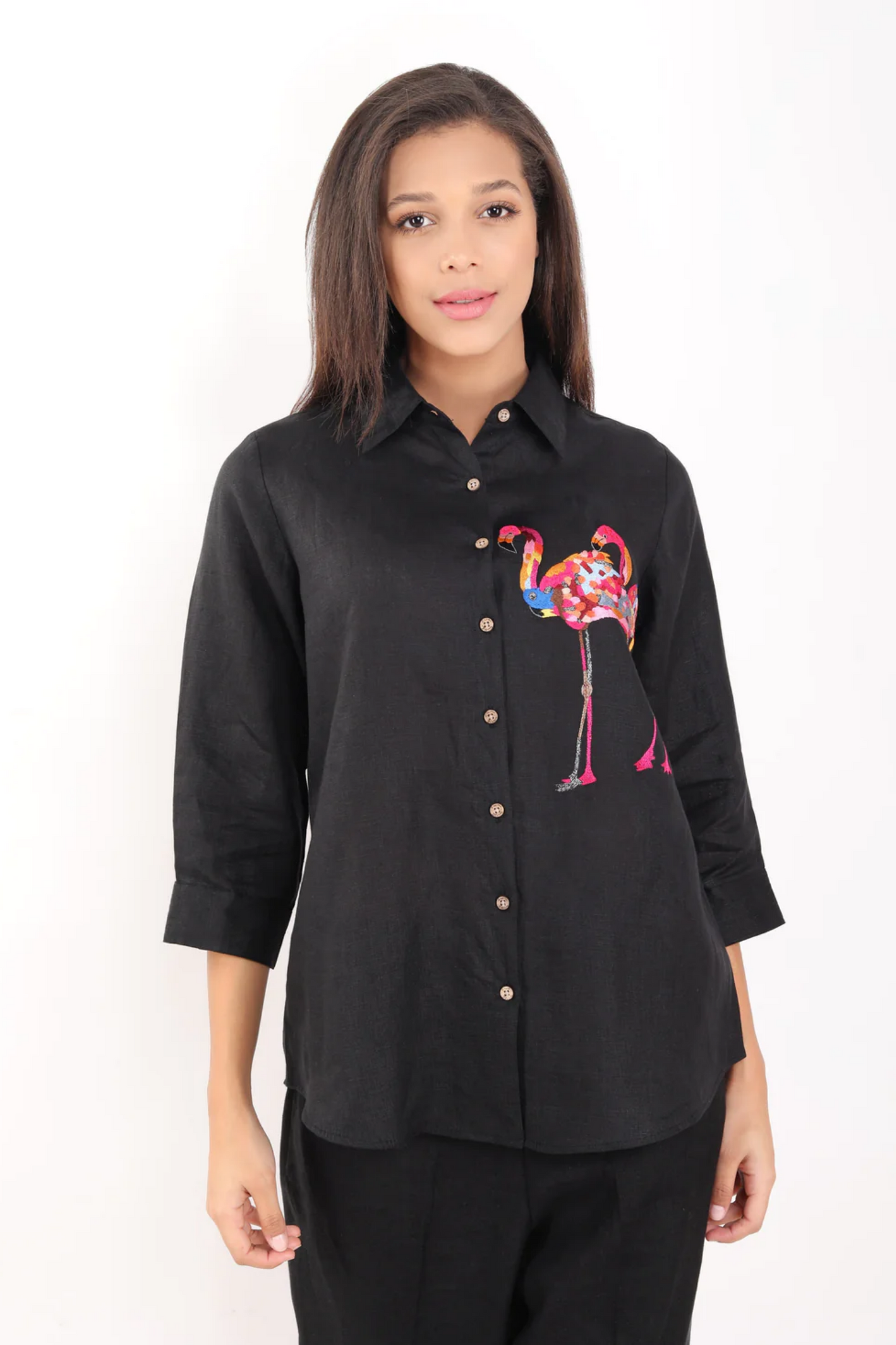 Black Flamingo Embroidered Shirt