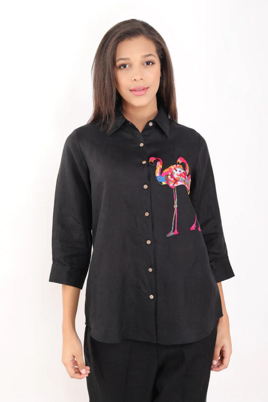 Black Flamingo Embroidered Shirt