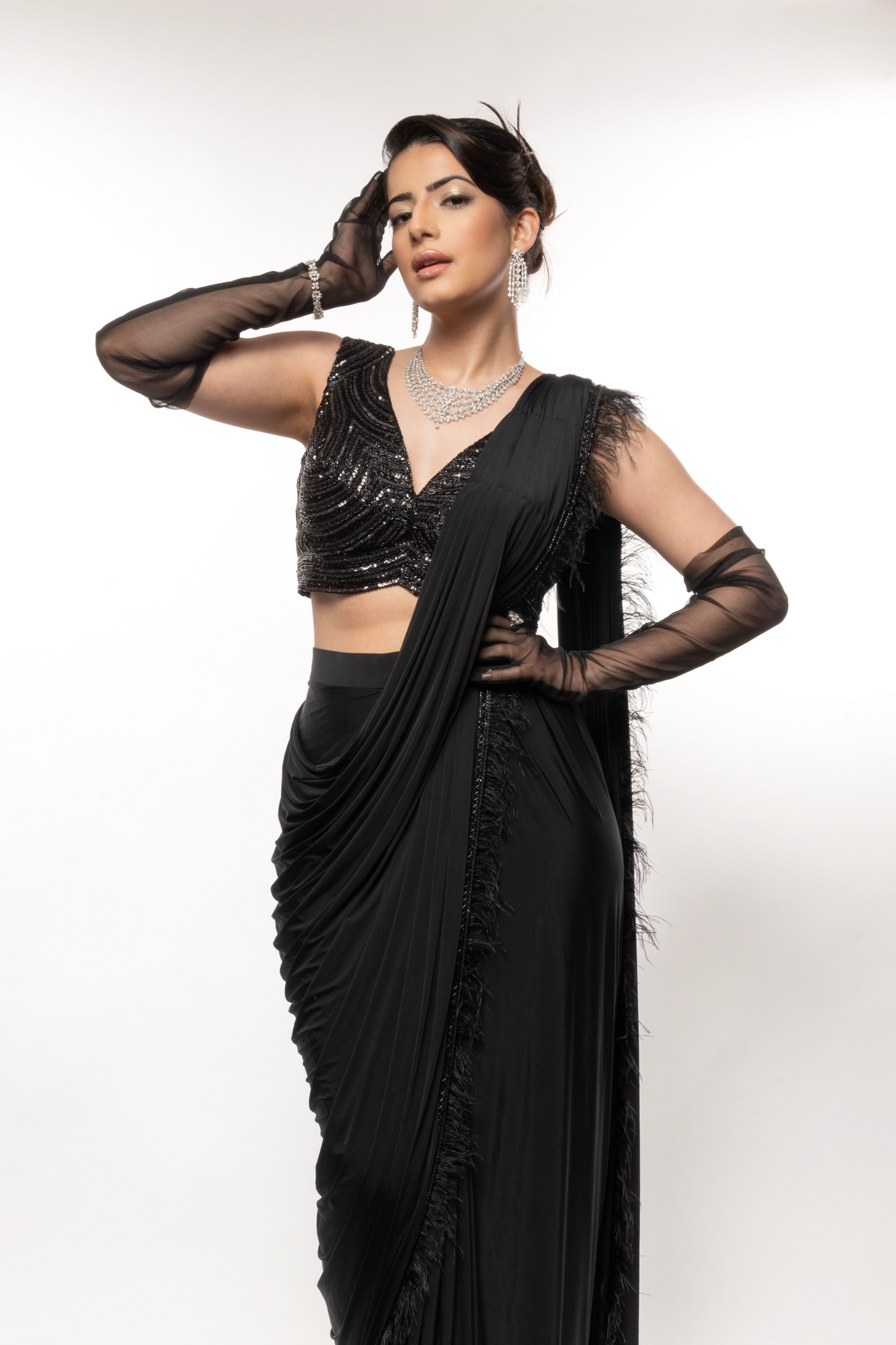 Black on Black Feather Draped Saree