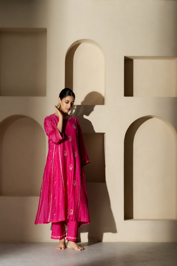 Fuscia Pink Gotta Patti & Dabka Mulchanderi Kurta Set