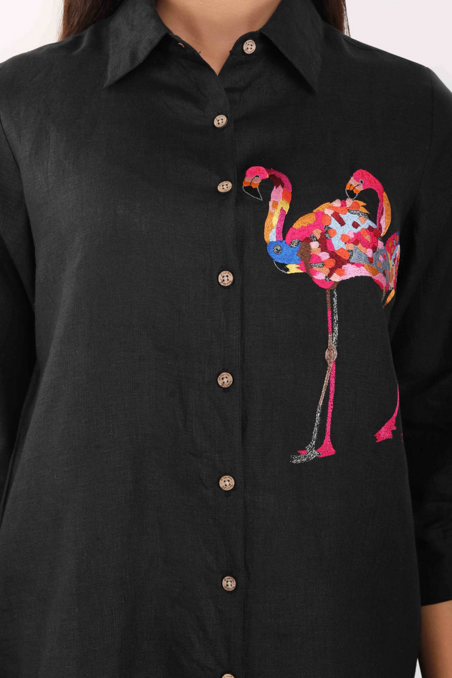 Black Flamingo Embroidered Shirt