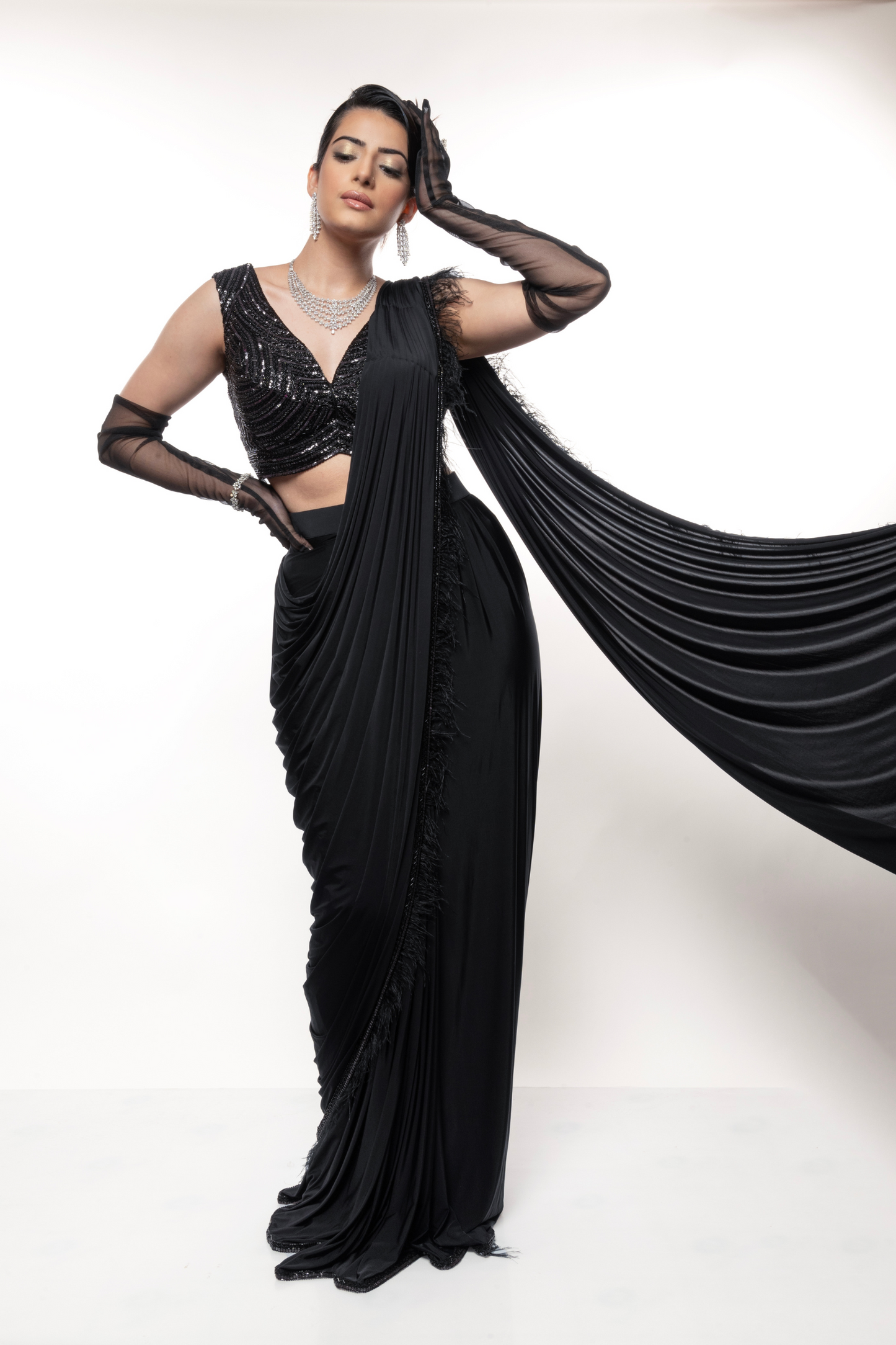 Black on Black Feather Draped Saree