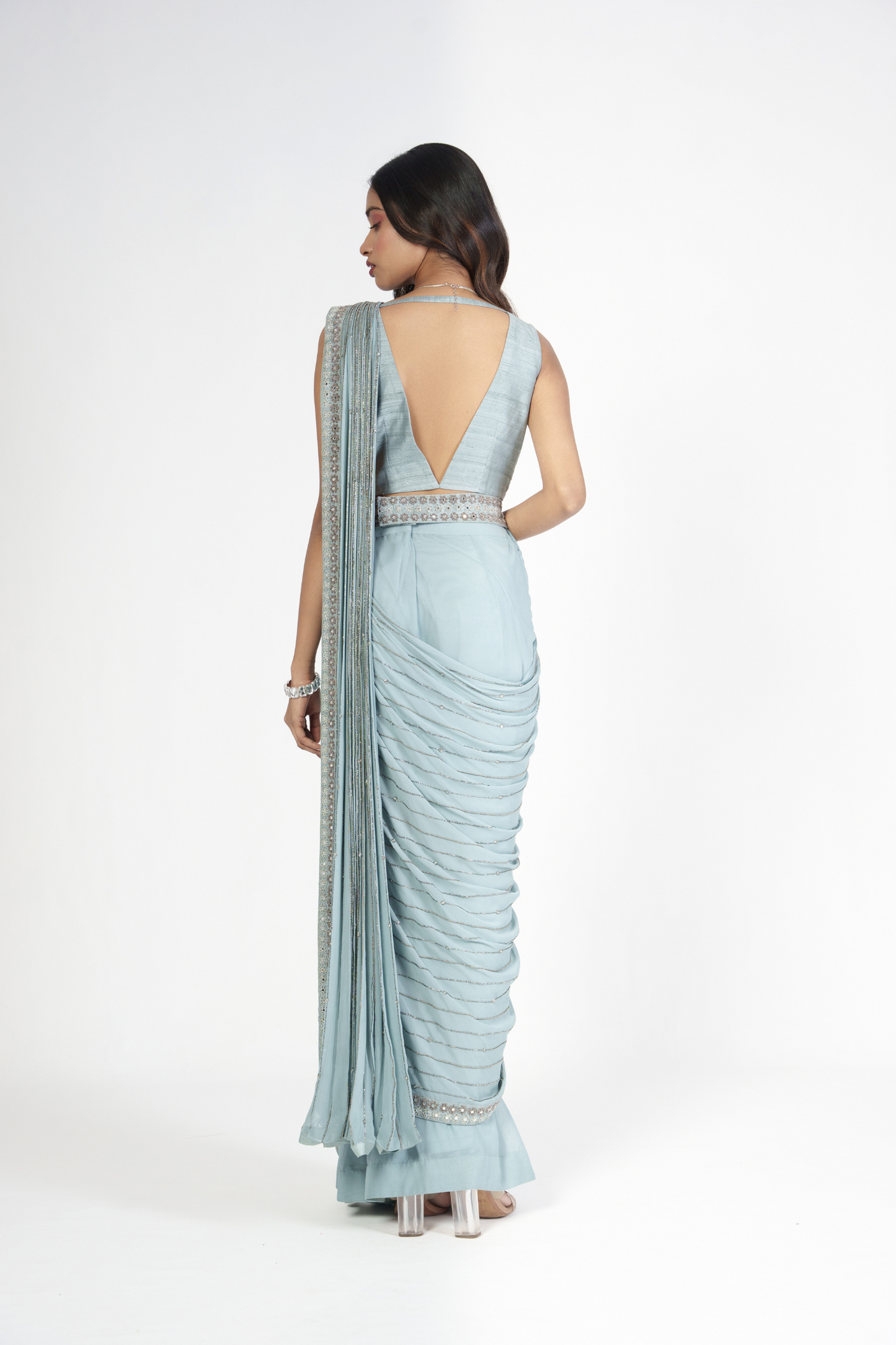 Dusky Blue Raw Silk & Georgette Embellished Draped Saree