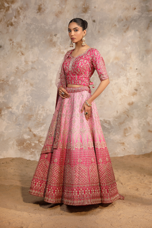 Pink Ombre Dabka Bridal Lehenga Set